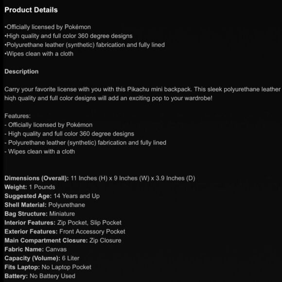 Pikachu Pokemon Mini Backpack - Picture 8 of 8